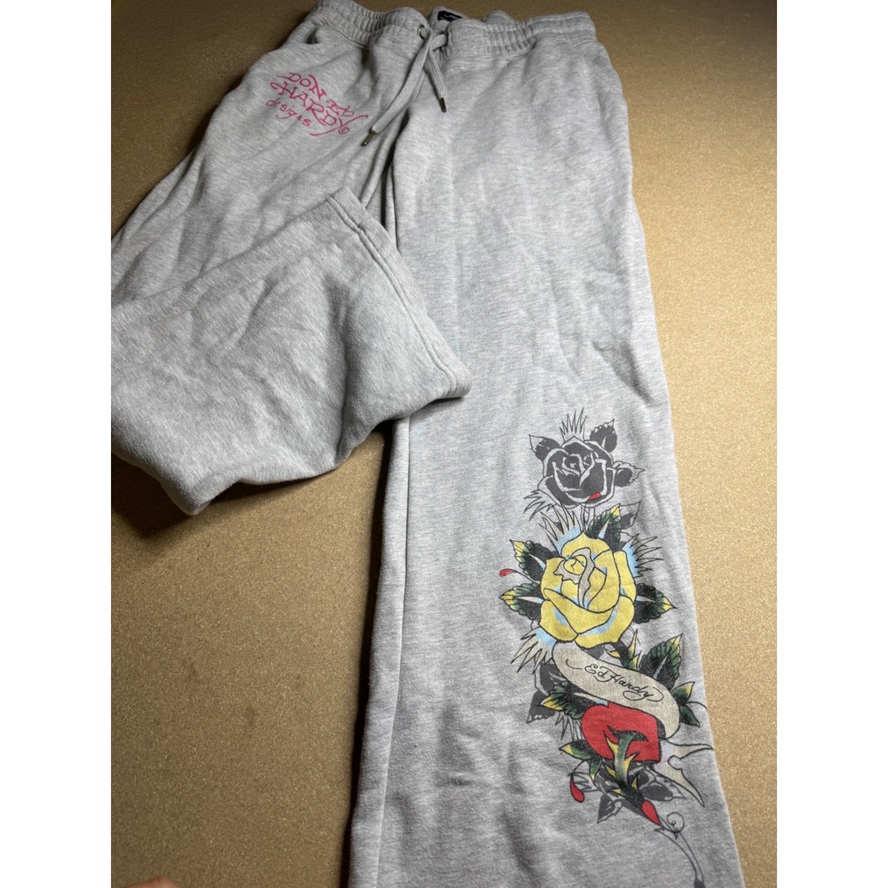 Ed Hardy Womens Gray Tattoo Rose Graphic Sweatpants Y2K Joggers Size M - Picture 5 of 7